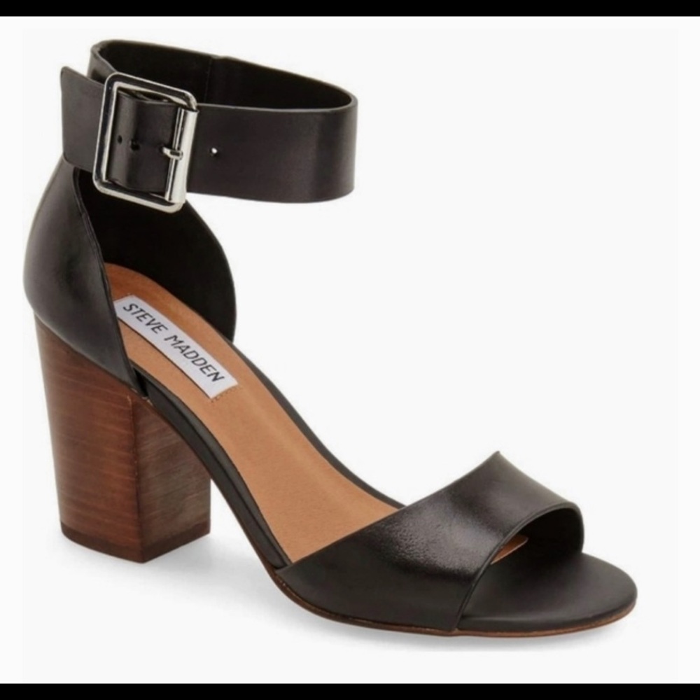Steve Madden Estoria Size 8 Black Leather Ankle Strap Stacked 3" Heel Sandals